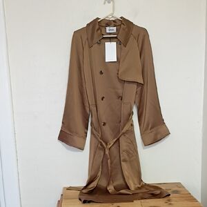 Lattelier Brown Satin Double Breasted Long Trench Coat Size M NWT
